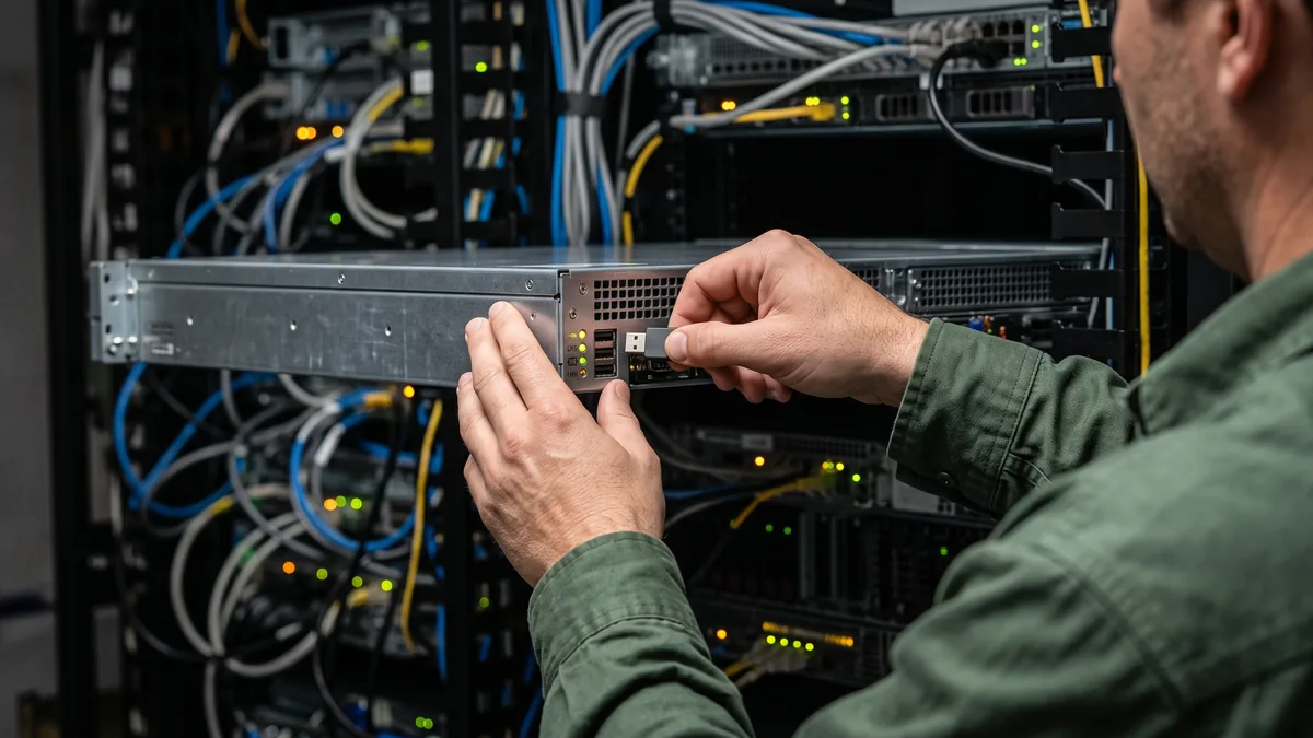 Technician inserting a USB license dongle into a rack server for a line-of-business application