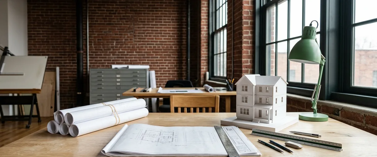 Architecture studio worktable with rolled blueprints, printed construction drawings, a white building scale model, and a green desk lamp