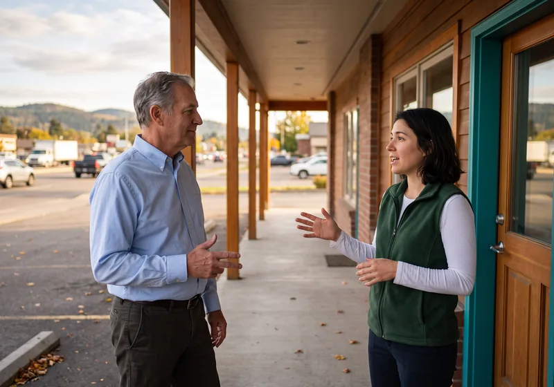 VJNetworks technician and a business owner talking outside a small professional office suite on a busy commercial road in Airmont NY