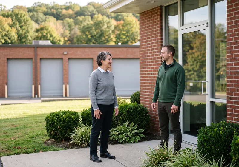 Managed IT services for small businesses in Blauvelt NY, a VJNetworks technician talking with a business owner outside a brick office and light-industrial building in Blauvelt