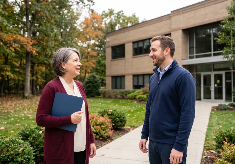 Managed IT services for small businesses in Chestnut Ridge NY, a VJNetworks technician talking with an office manager outside a brick office building among autumn trees