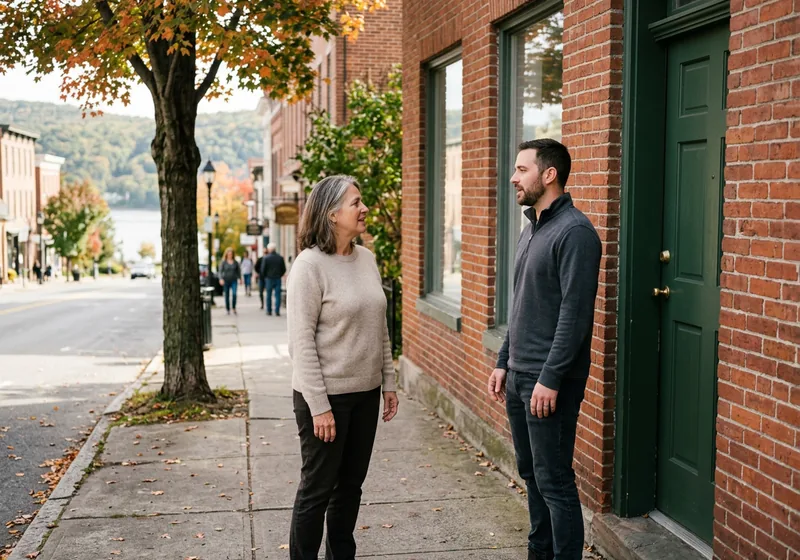 Managed IT services for small businesses in Croton-on-Hudson NY, a VJNetworks engineer meeting a business owner outside a brick storefront on a village street above the Hudson River