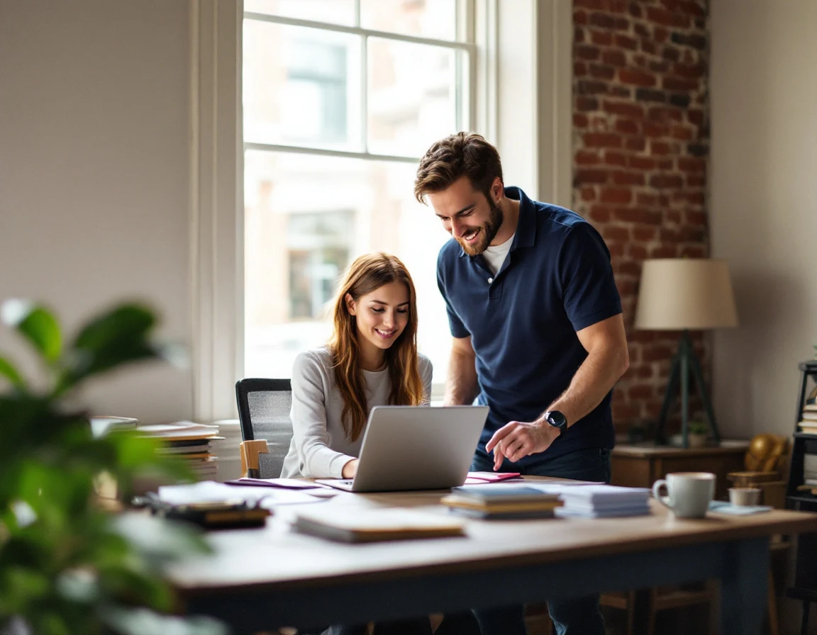 Managed IT services for small businesses in Dobbs Ferry NY, VJNetworks technician reviewing a laptop with an office manager in a village office above Main Street