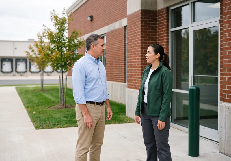 Managed IT services for small businesses in Elmwood Park NJ, a VJNetworks engineer meeting a business owner outside a light-industrial building in Elmwood Park