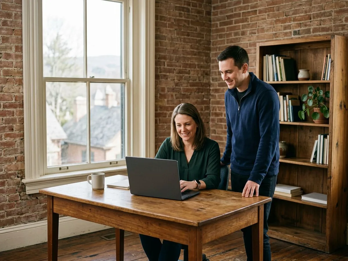 Managed IT services for small businesses in Irvington NY, VJNetworks technician reviewing a laptop with an office manager in a Main Street office above the village