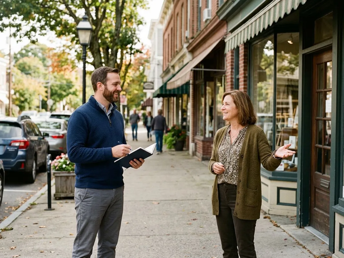 Managed IT services for small businesses in Larchmont NY, a VJNetworks consultant talking with a shop owner on a Larchmont village street
