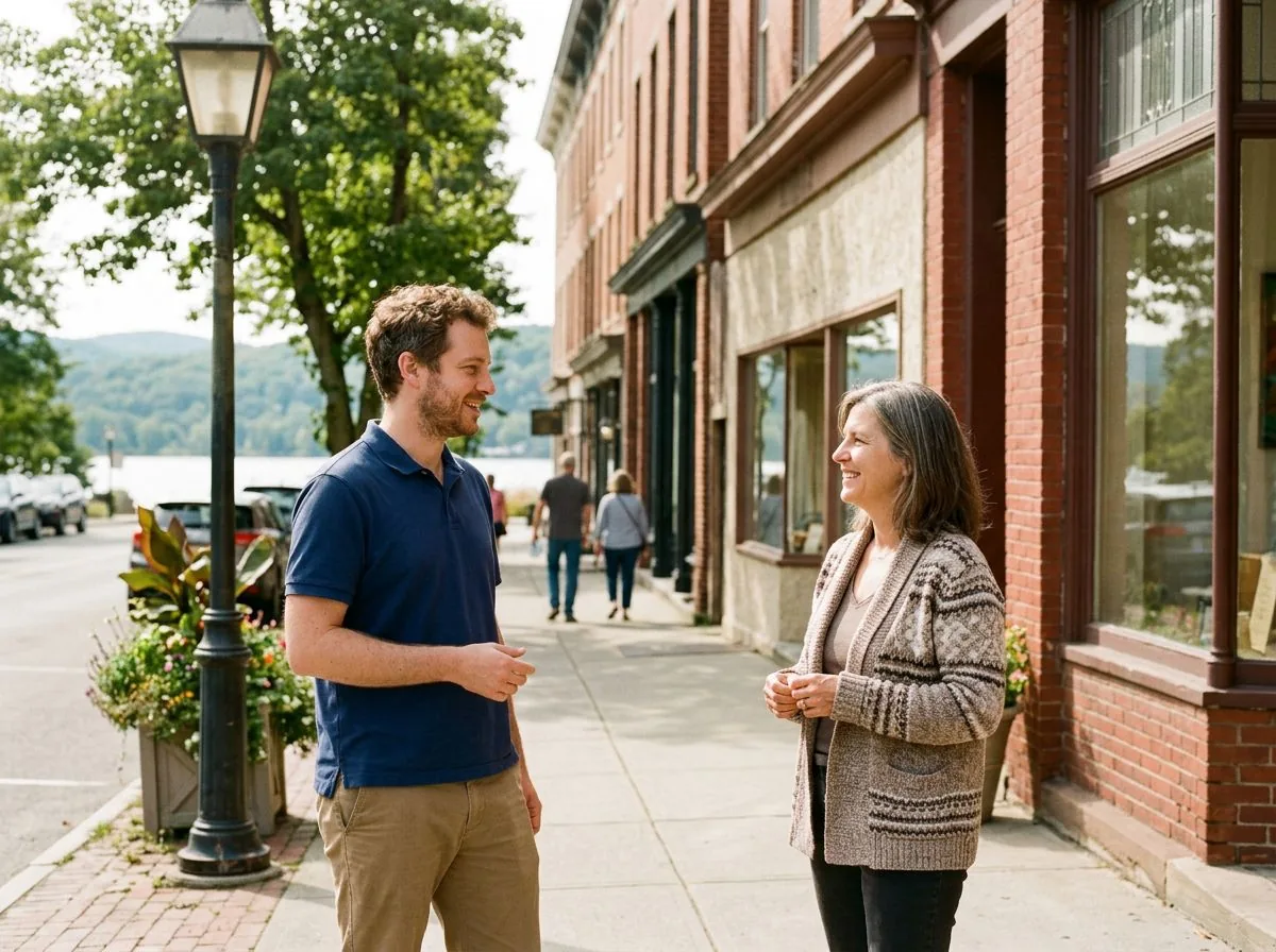 VJNetworks technician meeting a small business owner outside a brick storefront in downtown Ossining NY with the Hudson River beyond