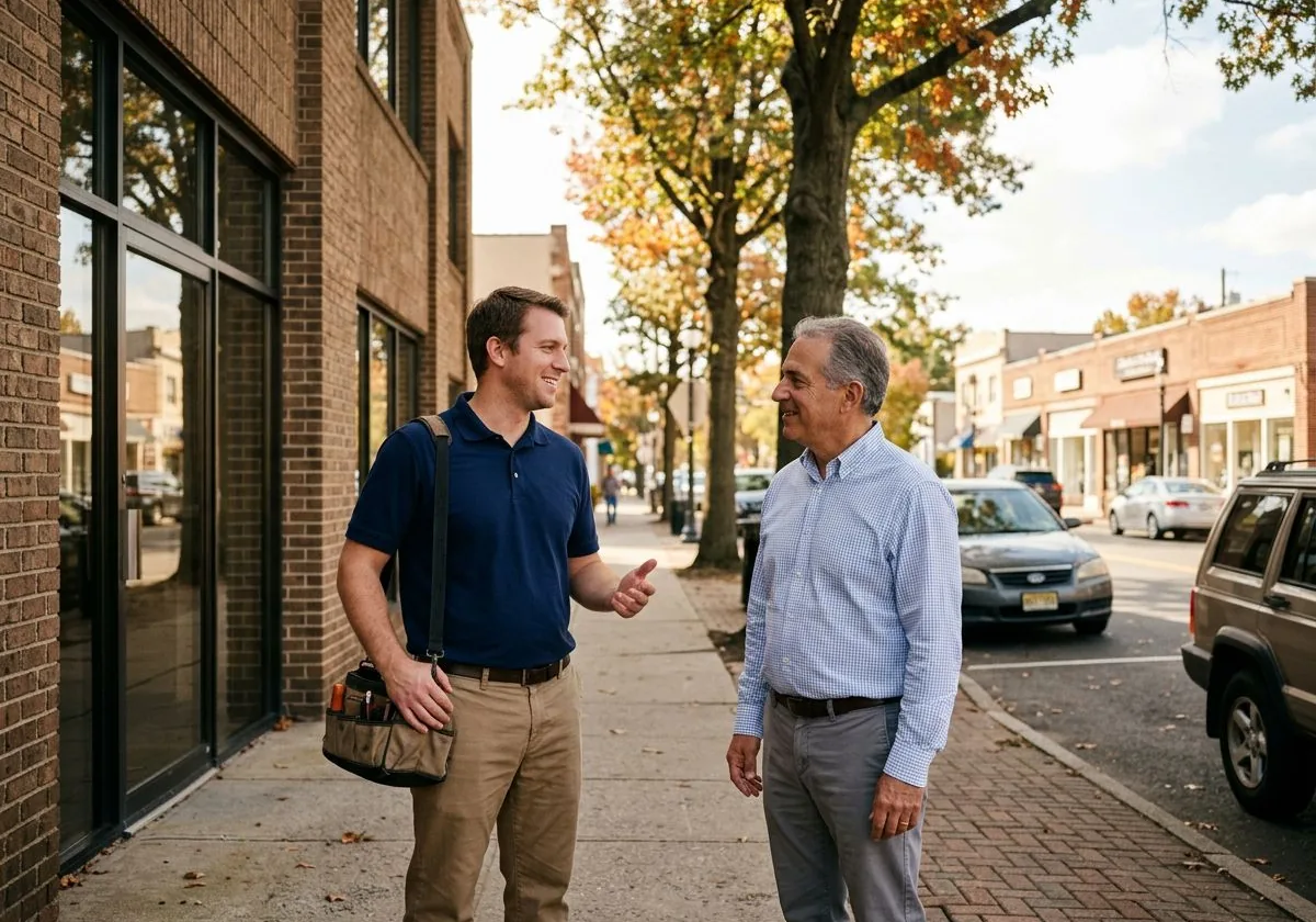 Managed IT services for small businesses in Ramsey NJ, a VJNetworks technician talking with a business owner outside a professional office on Main Street