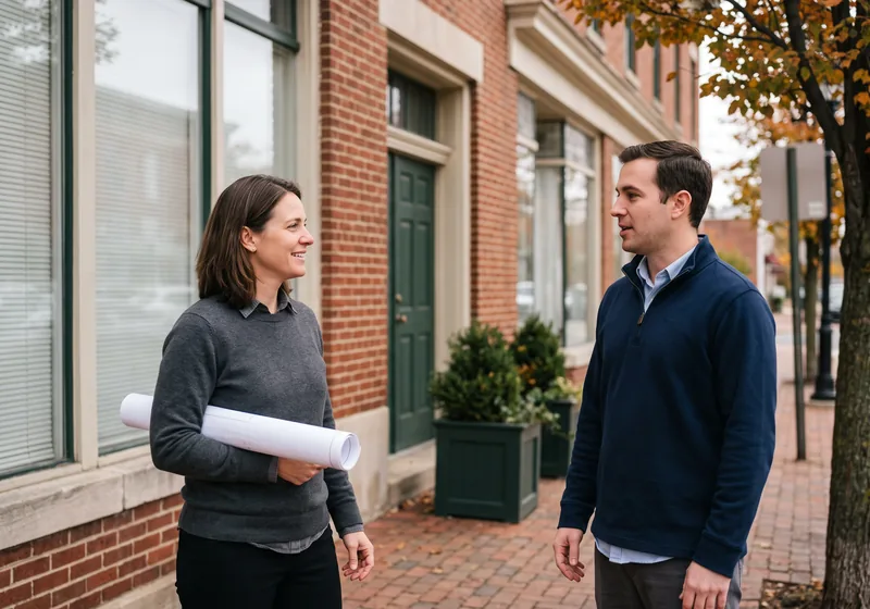 Managed IT services for small businesses in Ridgewood NJ, a VJNetworks engineer talking with an architect holding a roll of drawings outside a downtown Ridgewood office building