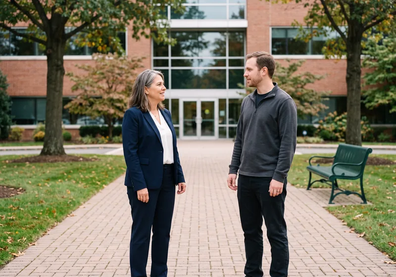 Managed IT services for small businesses in Rye Brook NY, a VJNetworks engineer meeting a business owner outside an office campus building in Rye Brook