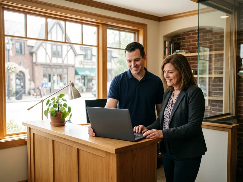 Managed IT services for small businesses in Scarsdale NY, VJNetworks technician reviewing a laptop with an office manager in a Village center suite