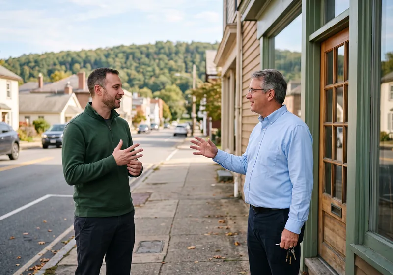 VJNetworks technician and a Stony Point business owner talking outside a storefront on a Route 9W street in Stony Point NY