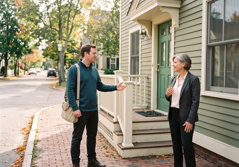 VJNetworks technician talking with a small business owner outside a converted brick office building on a village street in Tappan NY