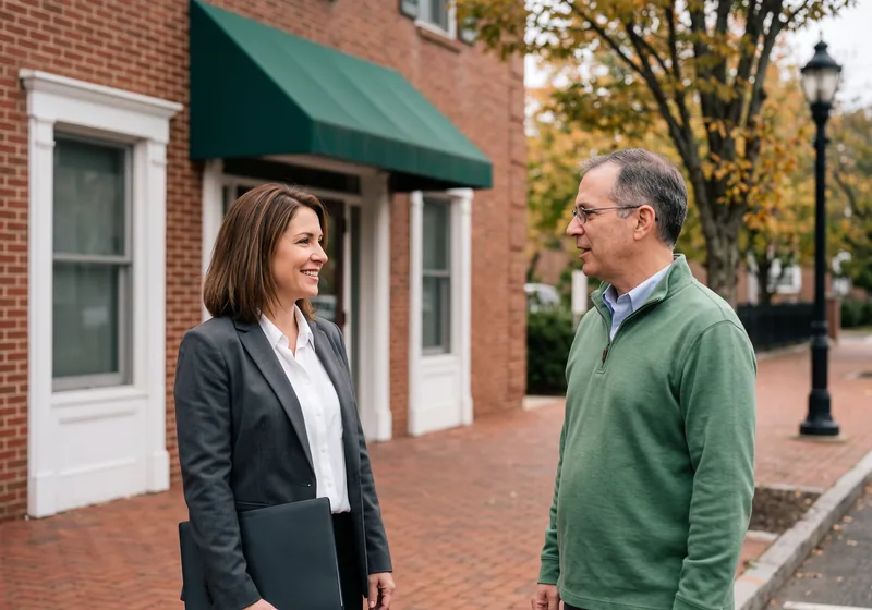 Managed IT services for small businesses in Tenafly NJ, a VJNetworks IT consultant talking with a practice manager outside a brick office building on a tree-lined street