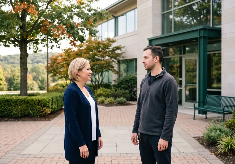 Managed IT services for small businesses in Valhalla NY, a VJNetworks engineer meeting a practice manager outside a medical office building in Valhalla