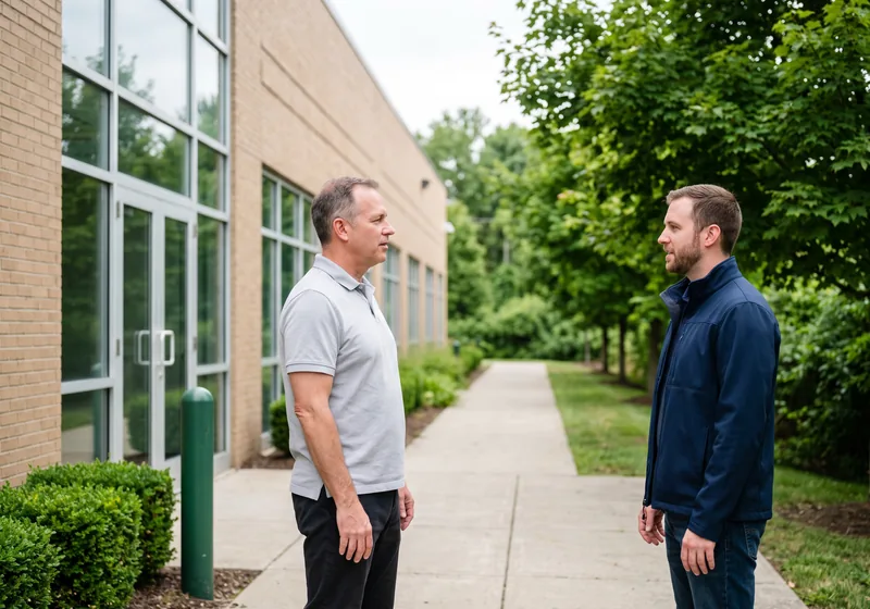 VJNetworks technician and a small business owner talking outside a low brick office and service building on a suburban commercial road in Valley Cottage NY
