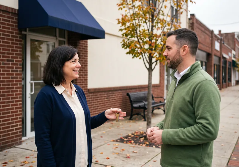 Managed IT services for small businesses in Westwood NJ, an office manager handing a VJNetworks IT consultant the office keys a departing employee returned, outside a downtown office