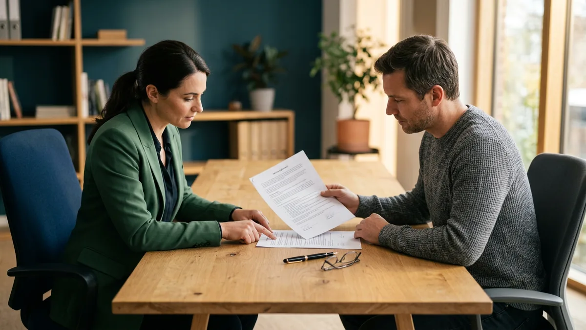 Business owner and IT consultant reading a printed flat-rate managed IT service agreement together at a conference table