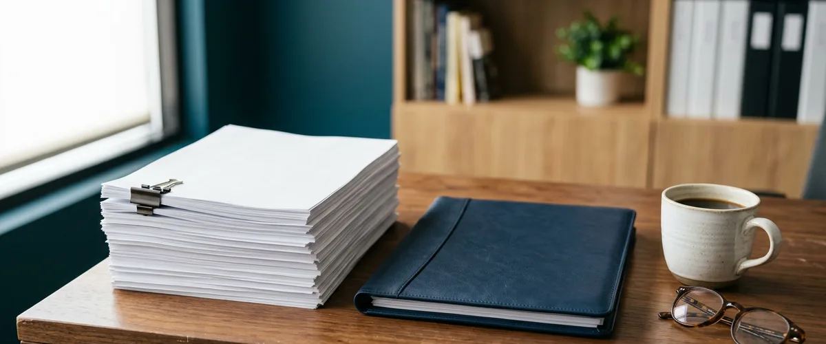 Tall stack of hourly break-fix IT invoices next to a single bound flat-rate managed IT agreement on a wooden desk