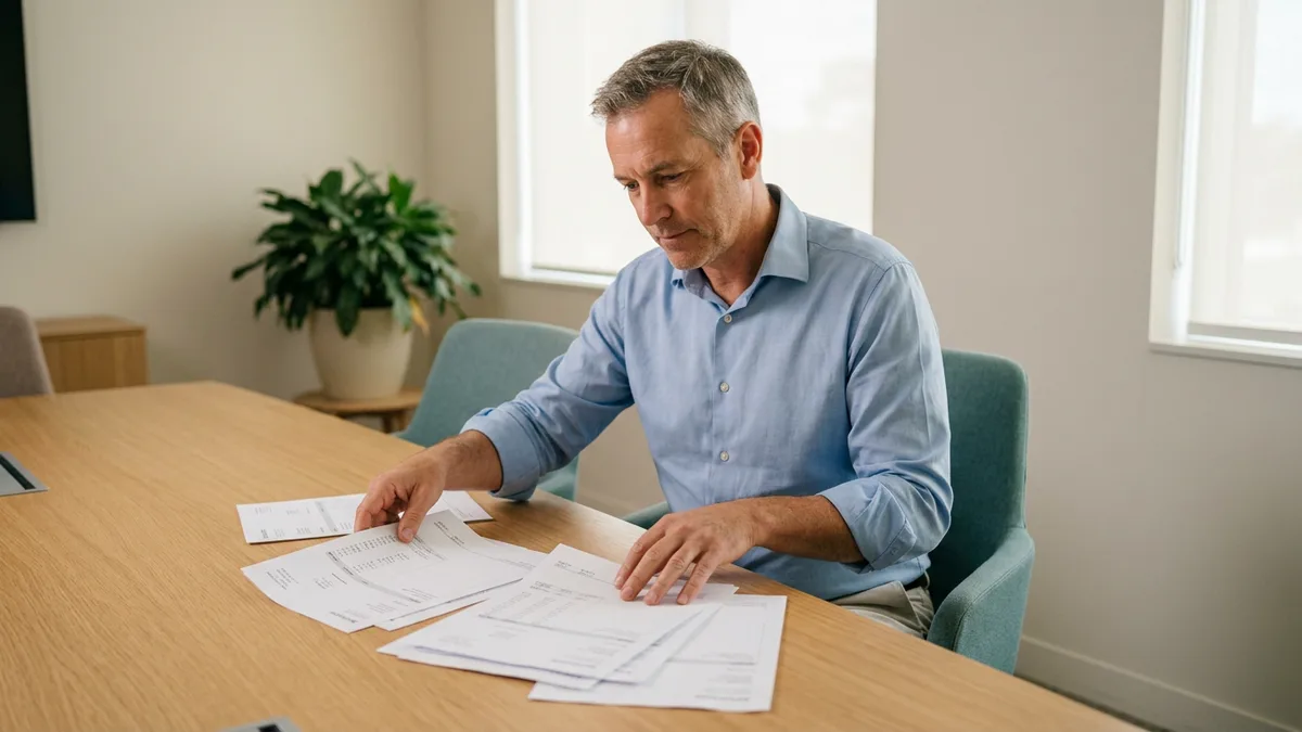 Small business owner spreading printed hourly IT support invoices across a conference table to total a year of break-fix costs