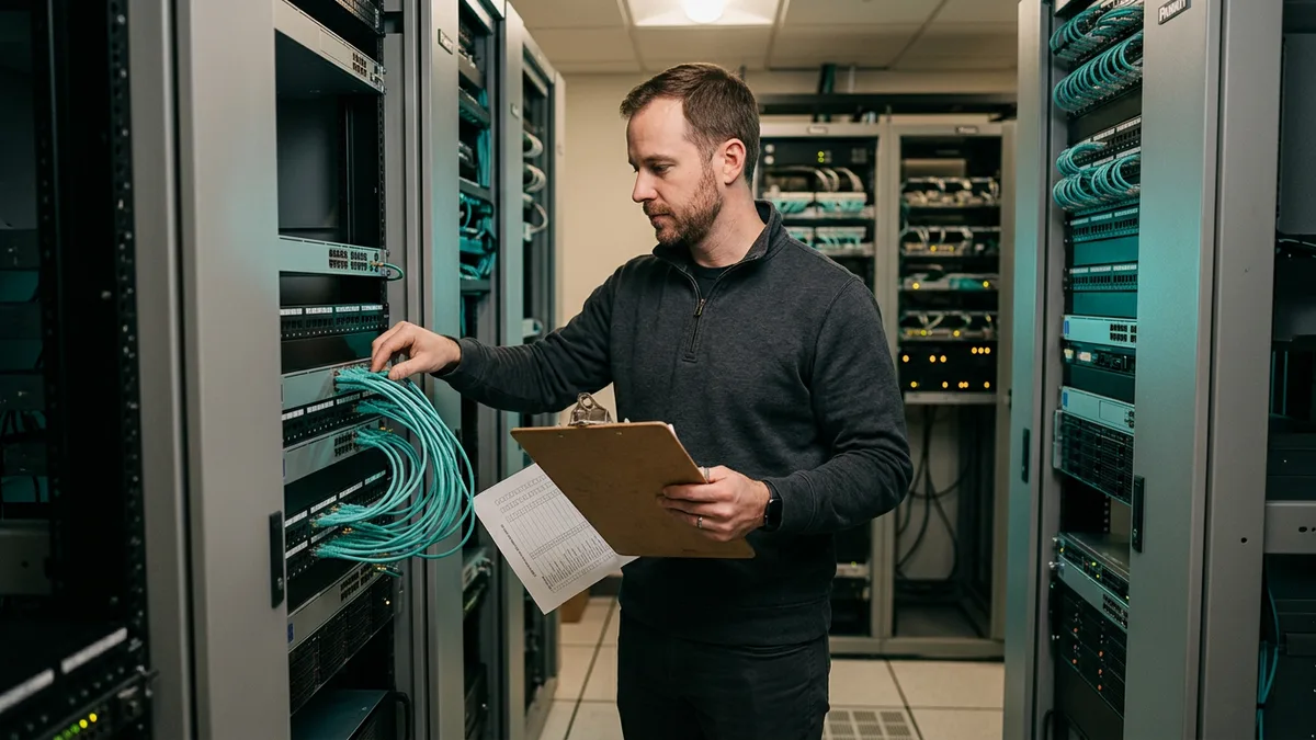 Managed IT technician working through a printed maintenance checklist while routing patch cables in a network equipment room