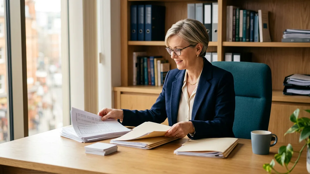 CPA firm partner sorting printed client workpapers into manila folders at her desk