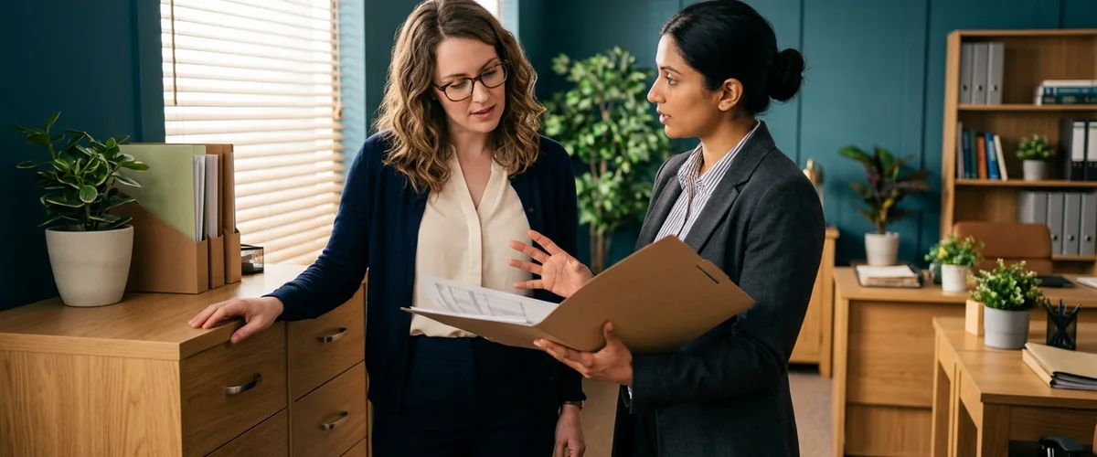 Two accounting firm colleagues reviewing a printed client tax file beside a filing cabinet