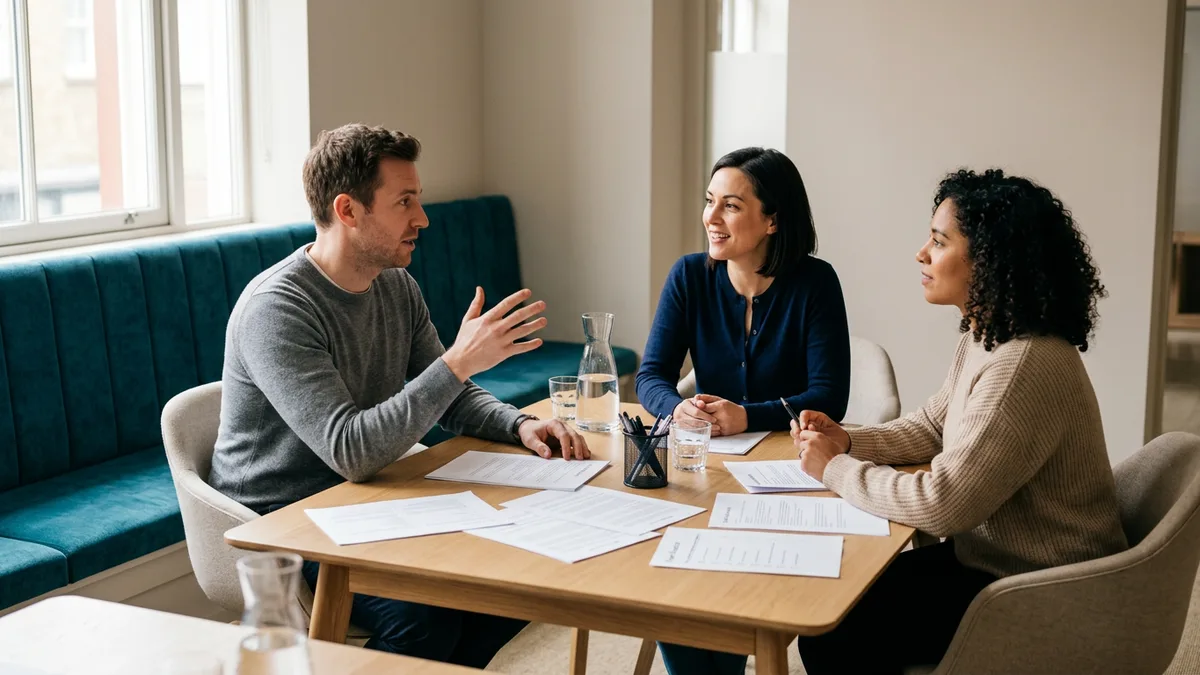 Three colleagues around a conference table reviewing a printed information security policy