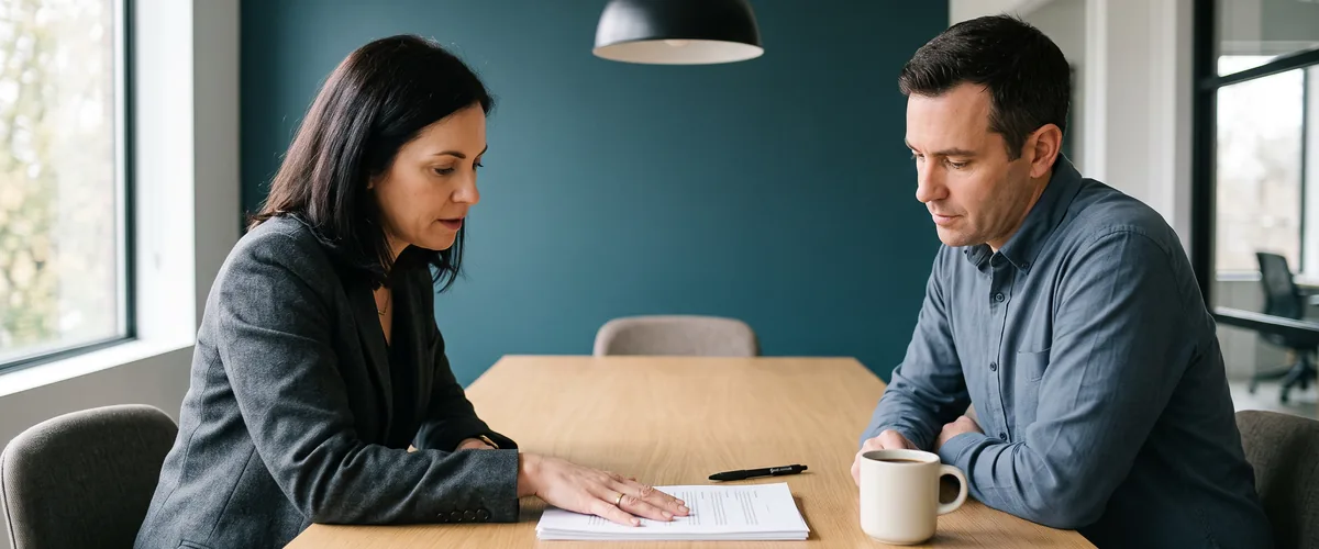 Small business owner and IT consultant reviewing a printed Microsoft 365 migration cost proposal across a conference table