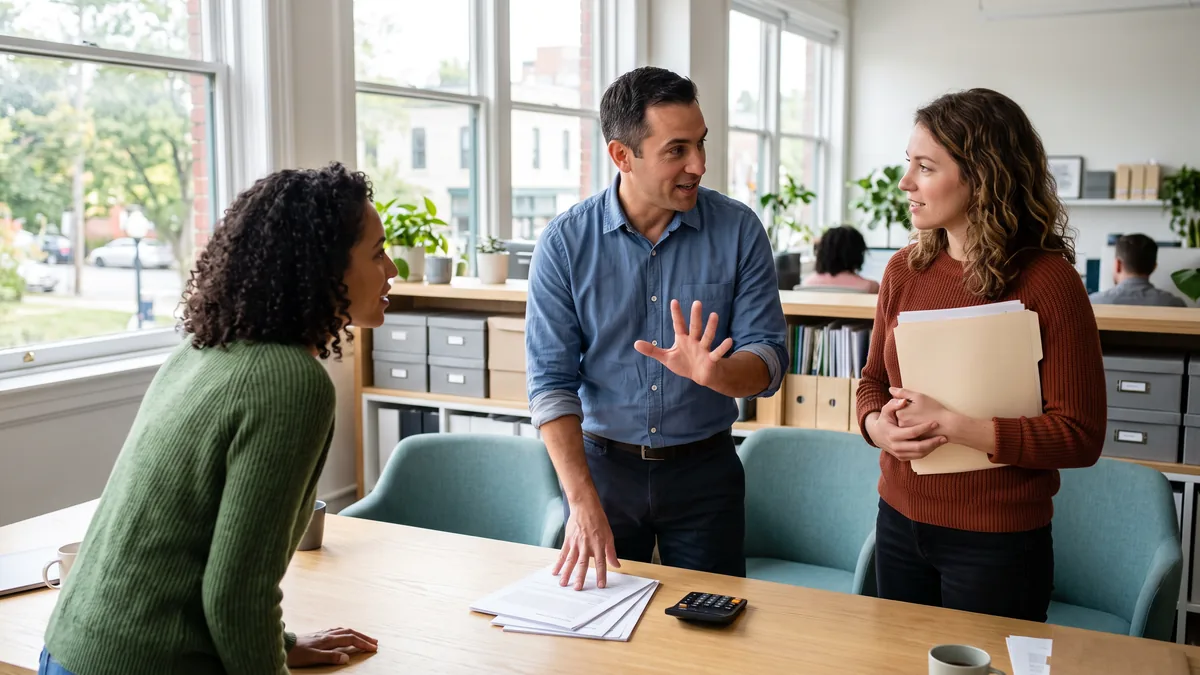 Small business team pricing a Microsoft 365 migration using printed figures and a calculator on a meeting table