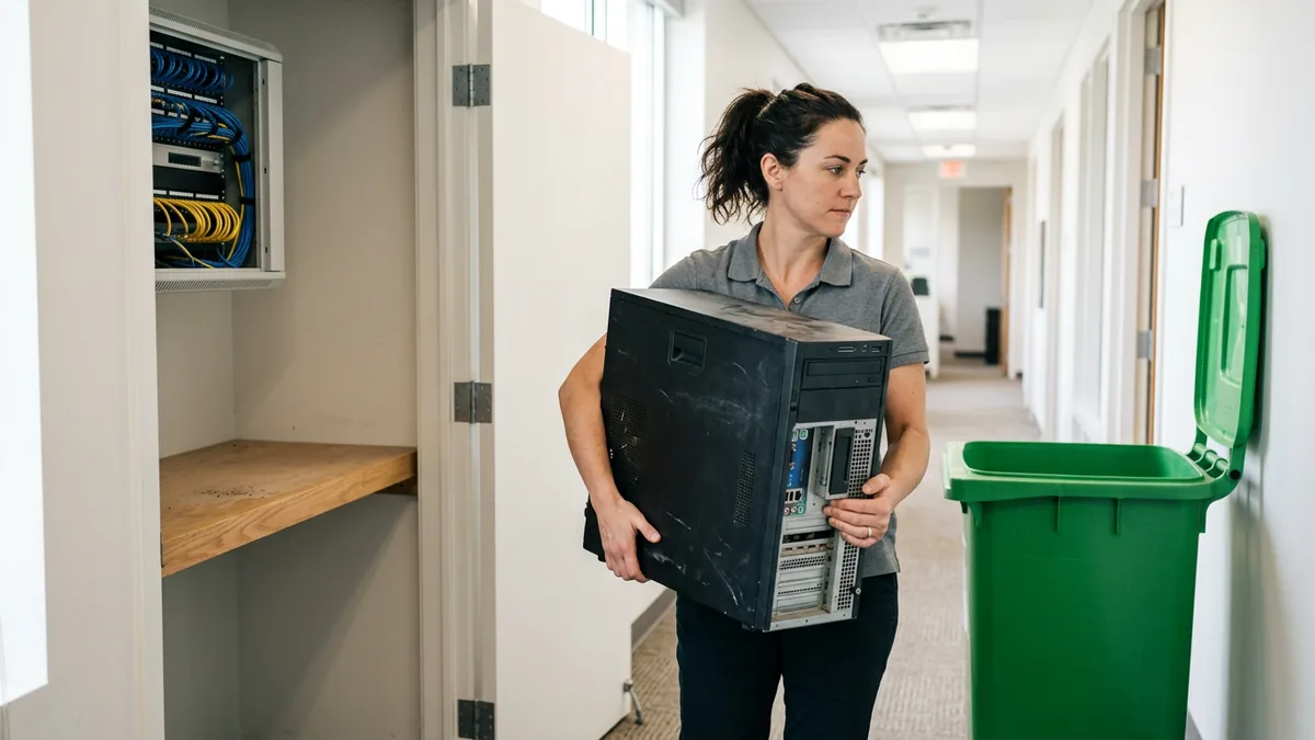 IT technician carrying a retired tower server down an office hallway toward a green electronics recycling bin