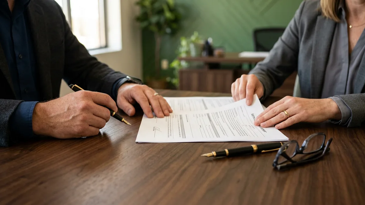 Two people reviewing the pages of a printed managed IT services agreement on a walnut table with a fountain pen and reading glasses