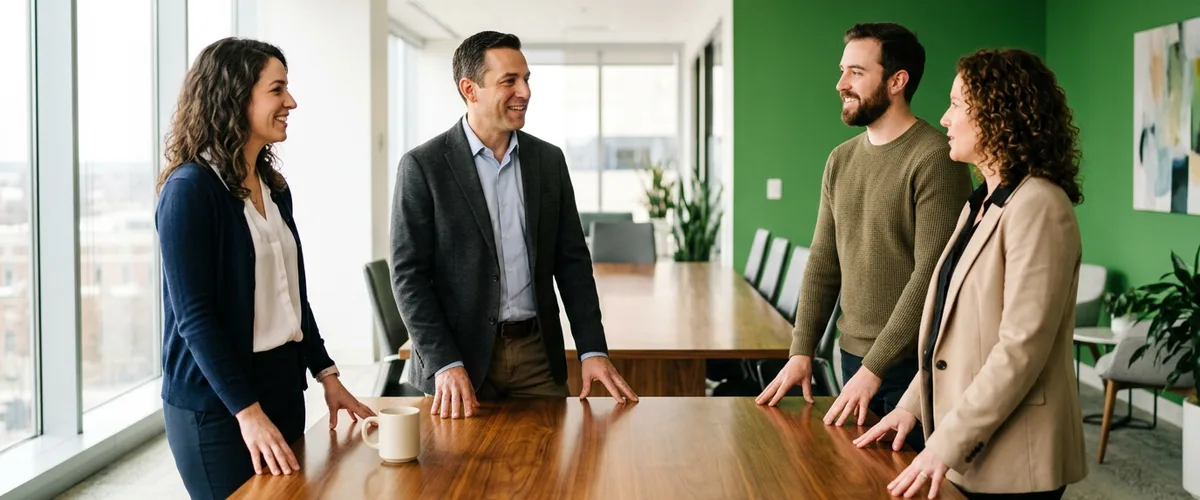 Four business colleagues standing around a conference table discussing how to choose a managed IT provider