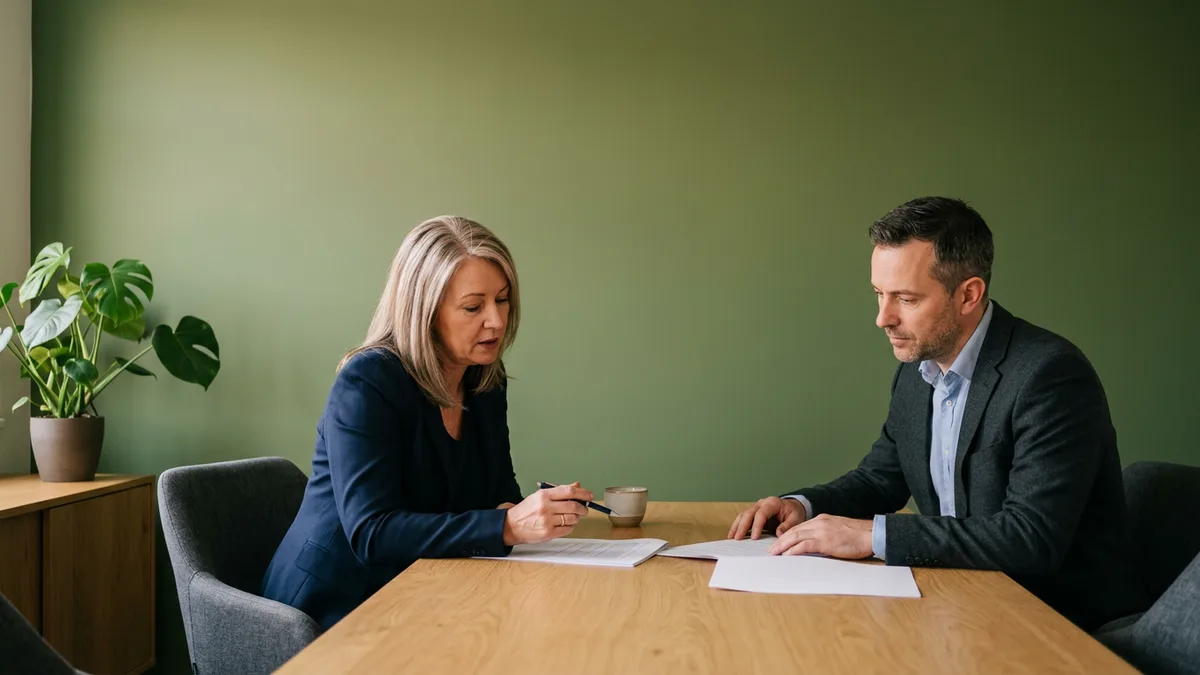Business owner and IT consultant seated at a conference table reviewing a printed managed IT services proposal together