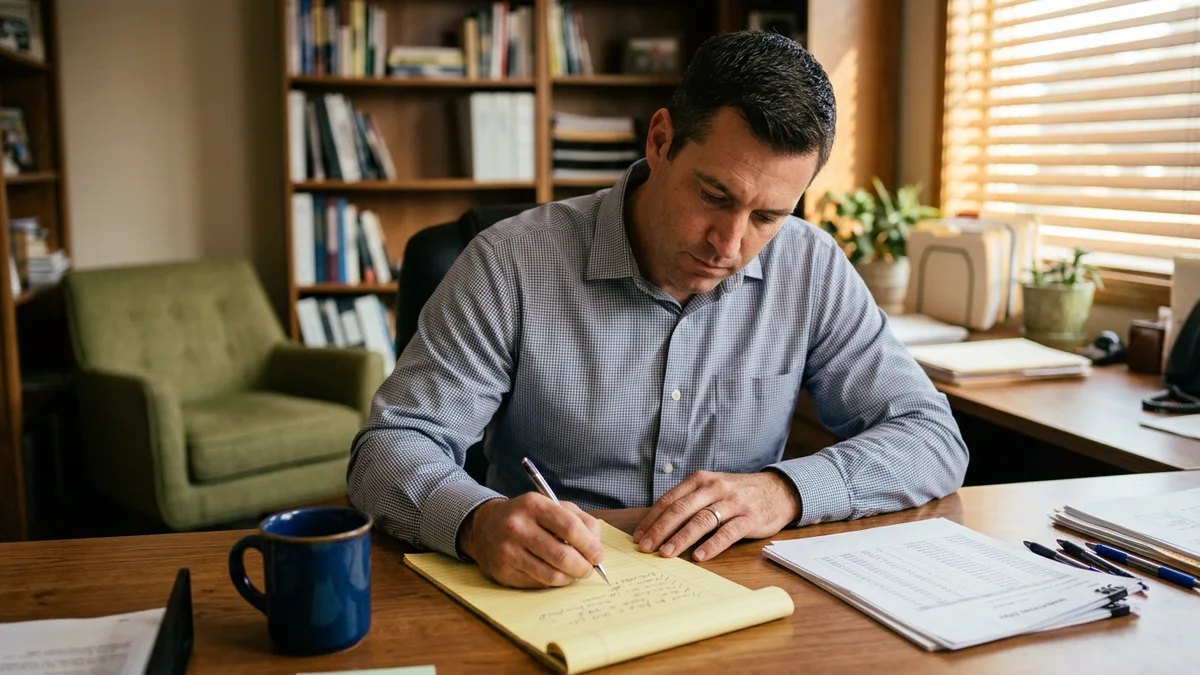 Small business owner writing an IT requirements scope by hand on a legal pad beside printed equipment inventory sheets
