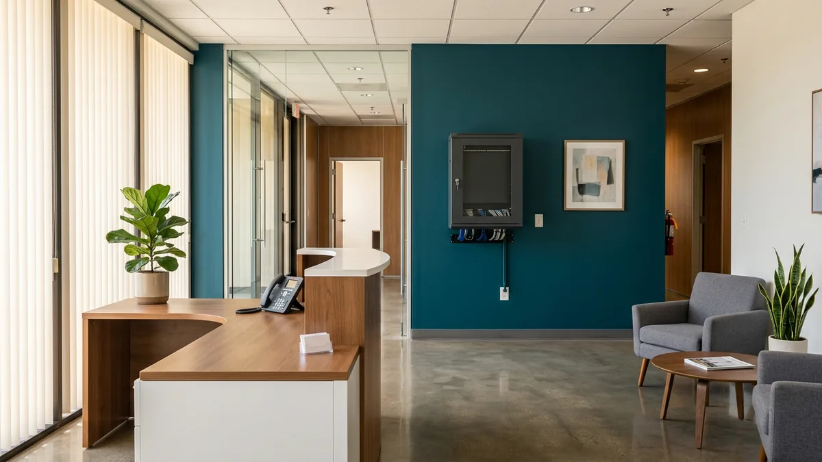 Wall mounted network cabinet in a small satellite office of a multi-location business