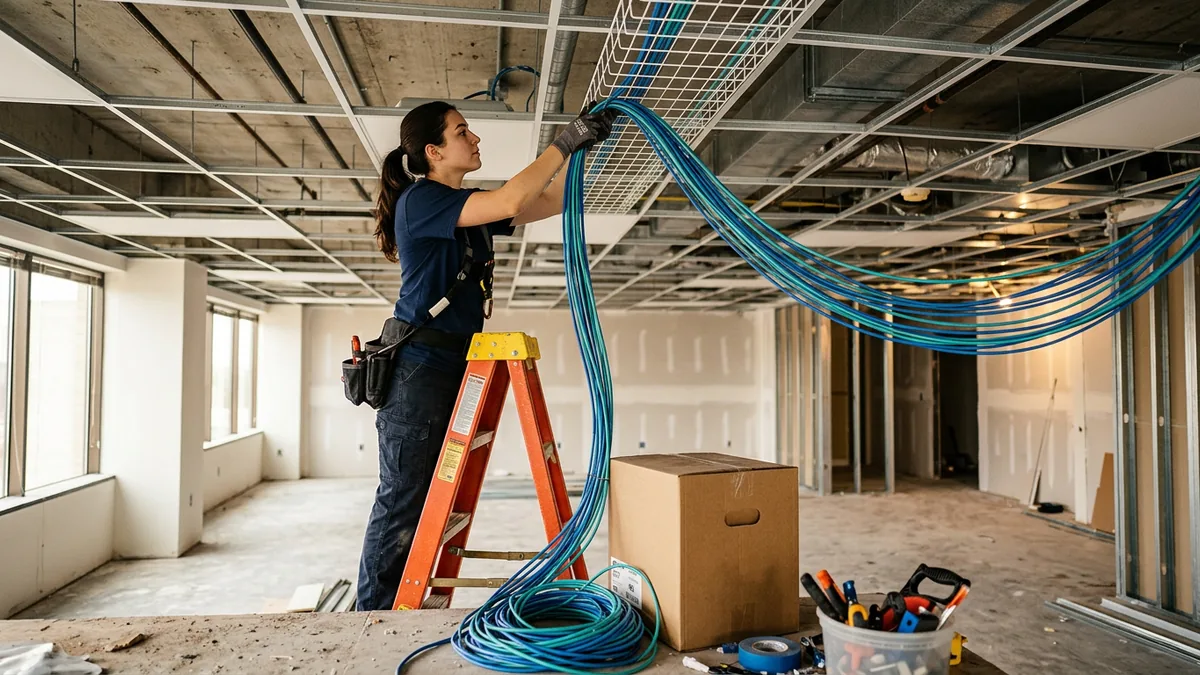 Low voltage technician pulling a bundle of network cables through an open ceiling grid in an empty office during a new business location build-out