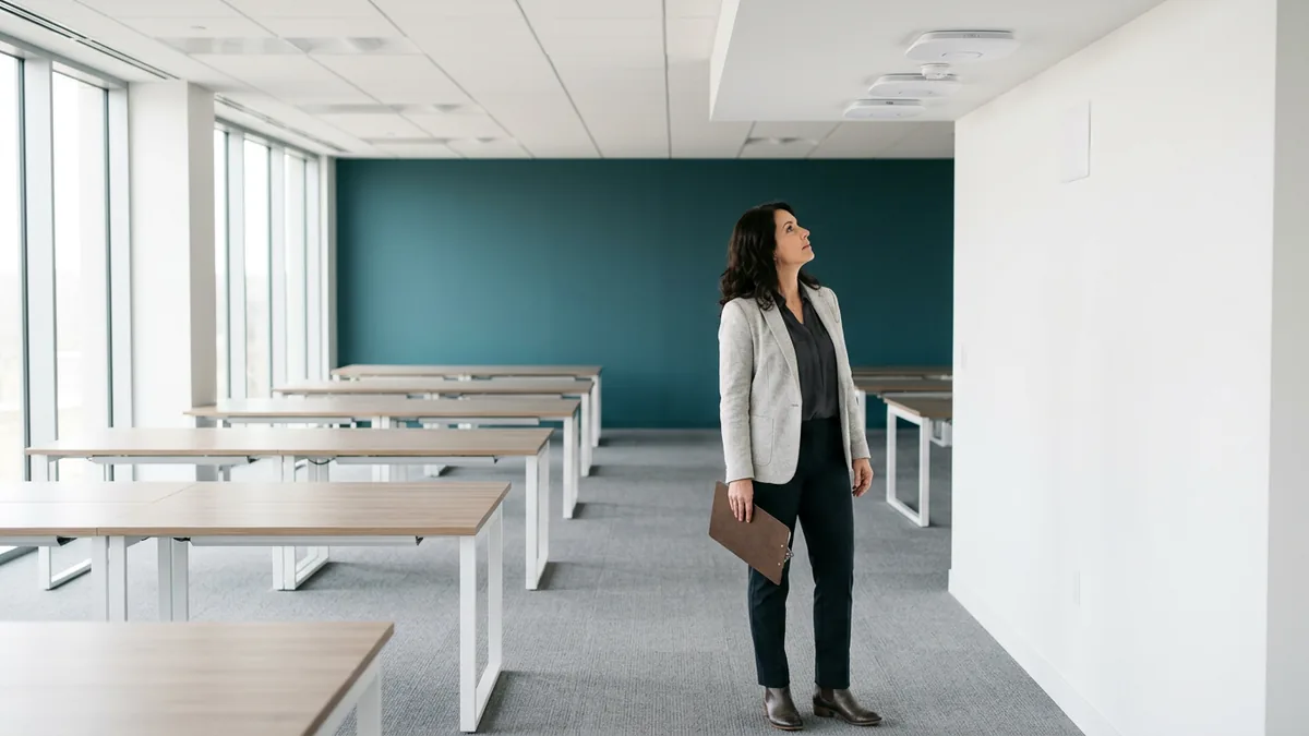 Business owner with a clipboard checking ceiling wireless access points in an empty new office before opening a second business location