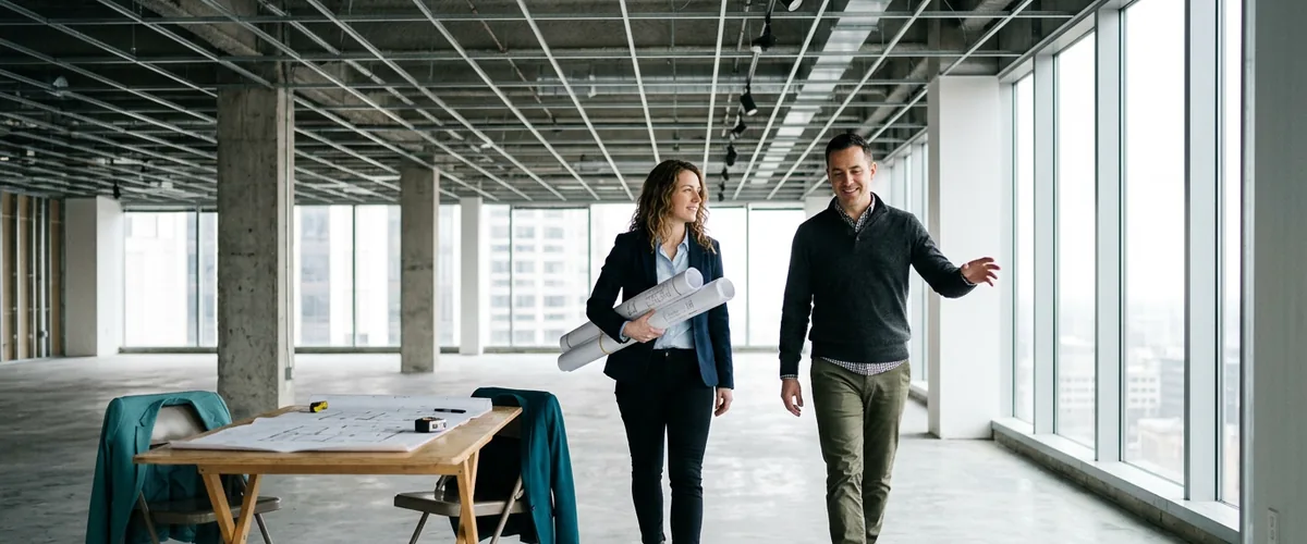 Business owners walking an empty office suite with floor plans while planning the IT checklist for a new business location
