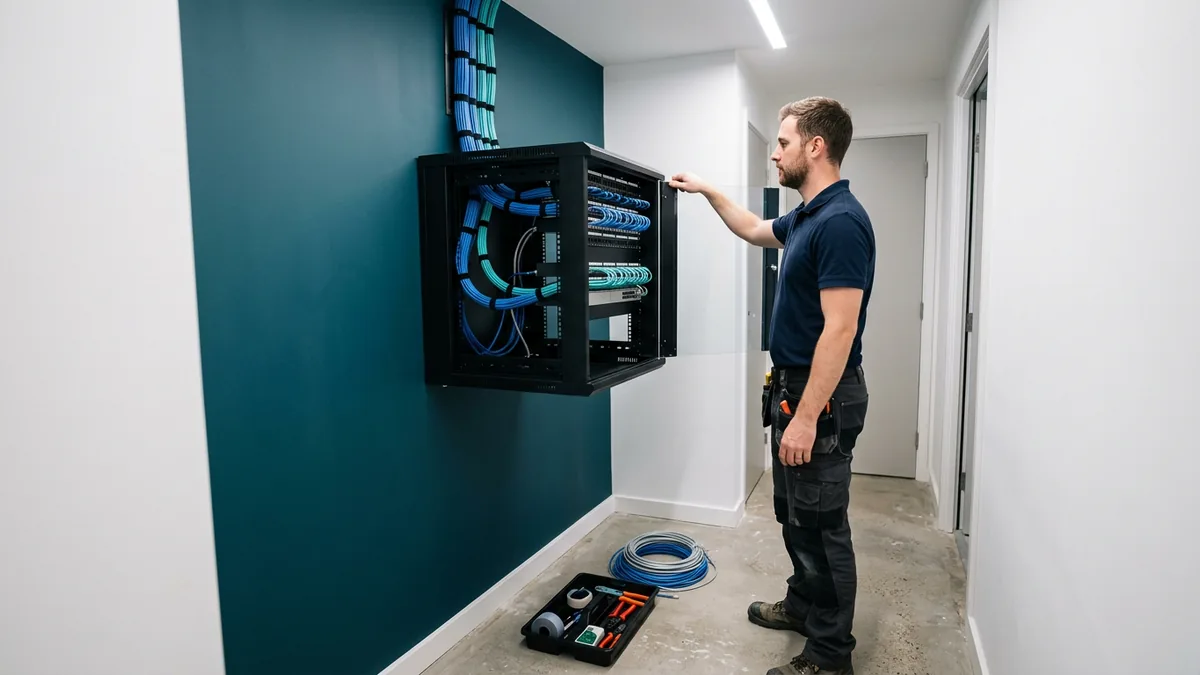 Technician closing a wall mounted network cabinet with neatly dressed cabling in a newly finished telecom closet at a second business location