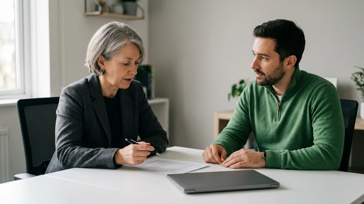Office manager and IT technician reviewing a printed offboarding checklist next to a closed laptop