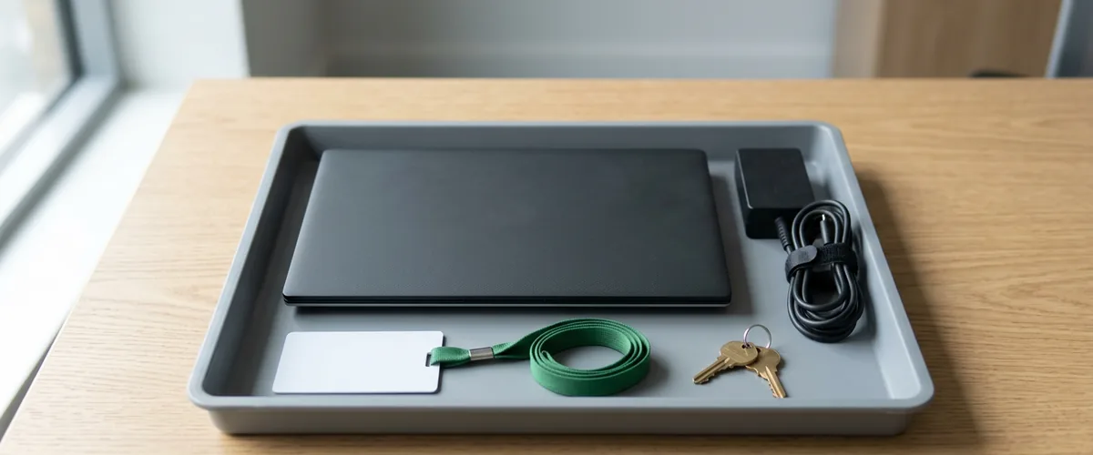 Returned company laptop, charger, access card on a green lanyard, and office keys in a gray tray on a desk