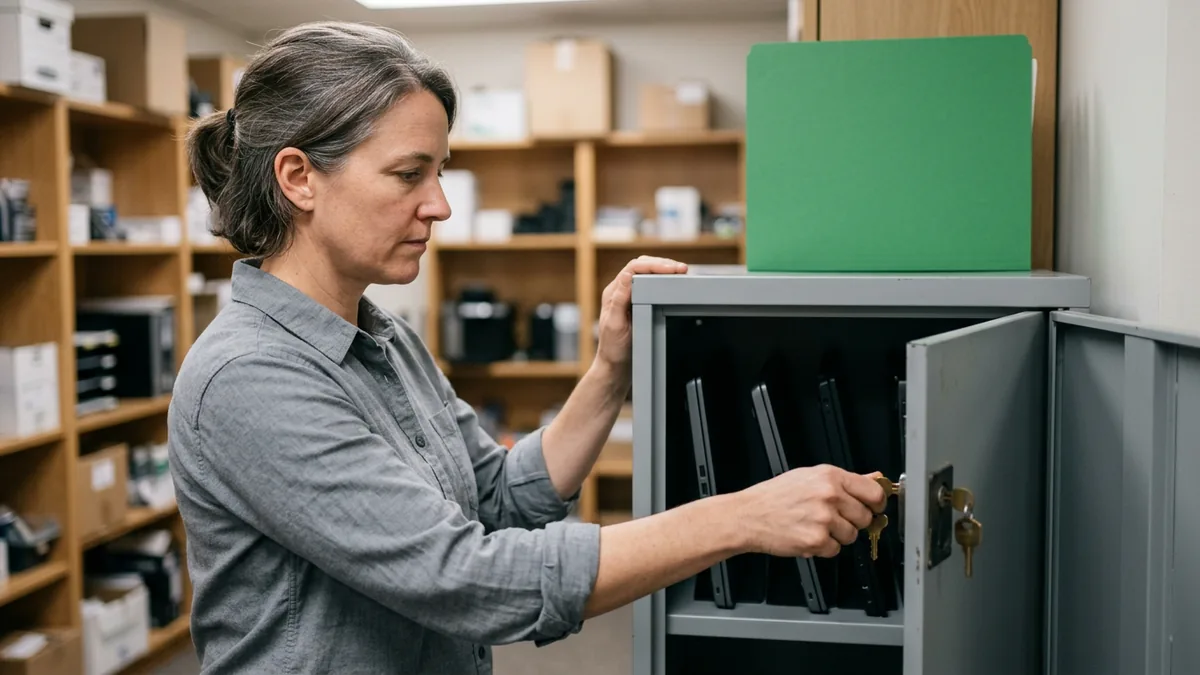 IT technician locking a metal cabinet that holds returned company laptops standing on a shelf