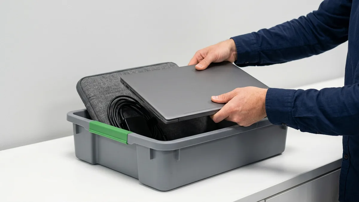 Hands placing a closed company laptop into a gray equipment return bin with its charger and sleeve
