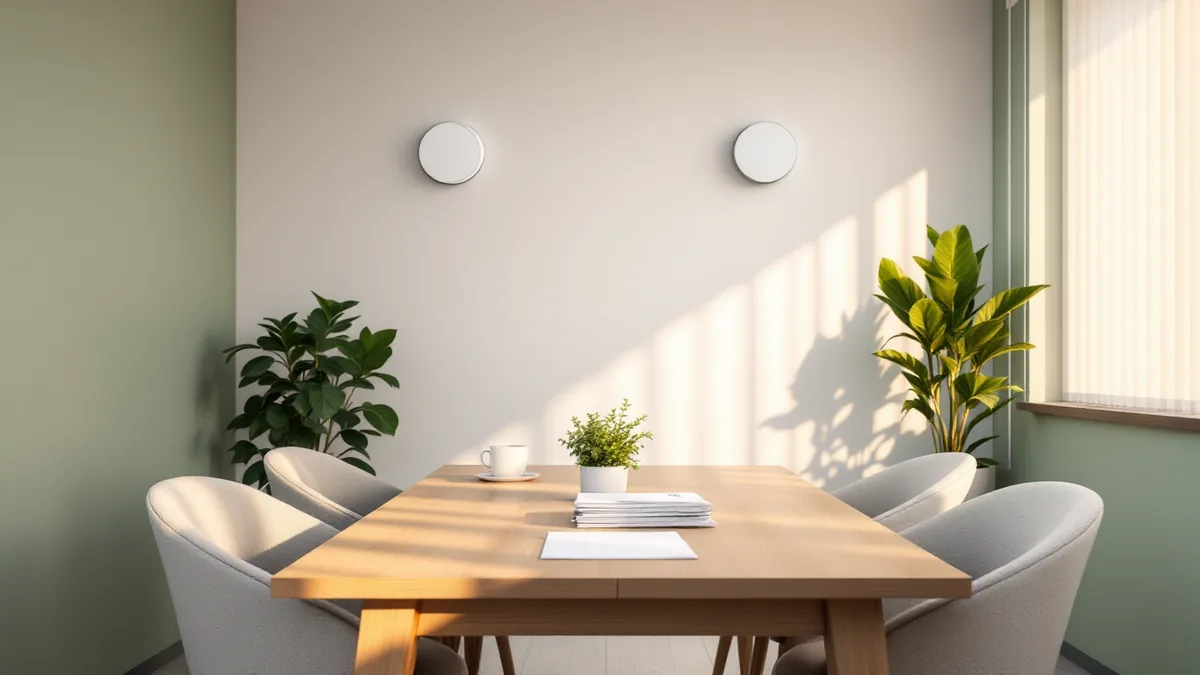 Two white wireless access points above an empty meeting table in a small office