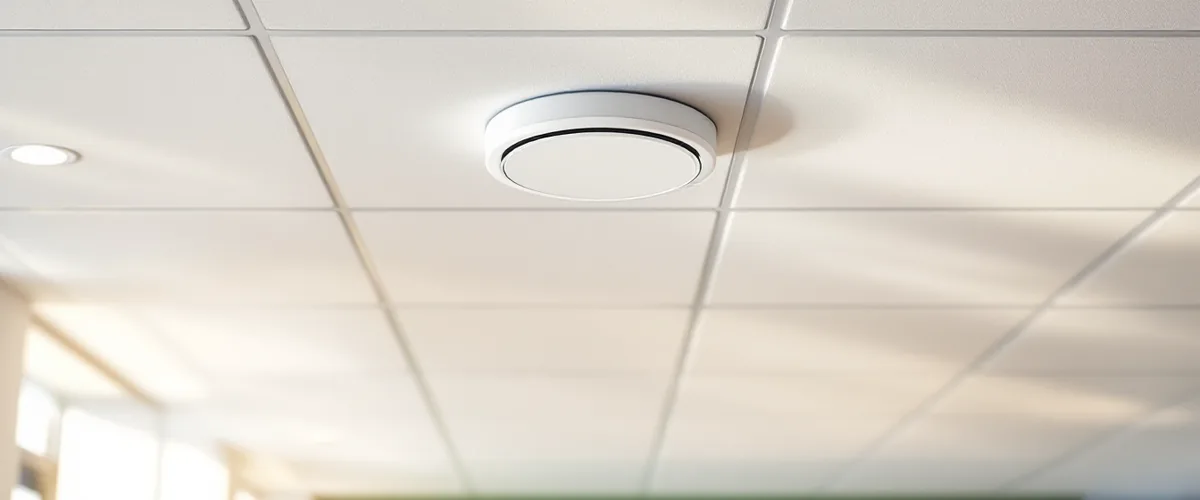 White ceiling-mounted wireless access point in a bright small-business office