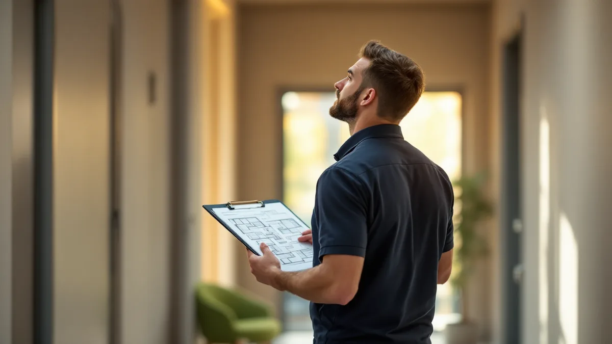 Technician holding a printed floor plan and looking up at the ceiling during a wireless site survey