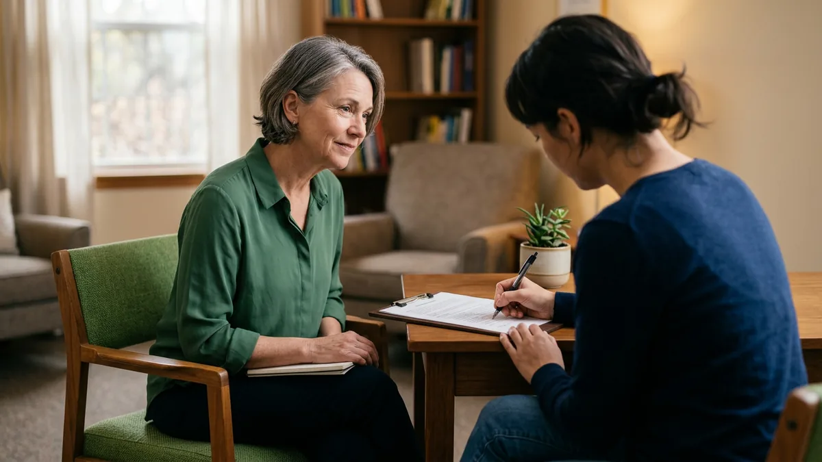 Client signing a printed 42 CFR Part 2 consent form on a clipboard beside a counselor in a private office