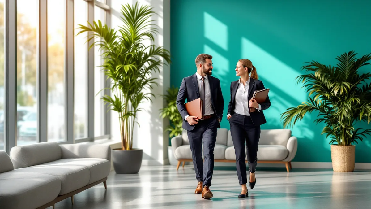 Property managers walking through a suburban office building lobby in the New York and New Jersey market