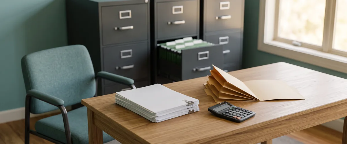 Small business back office desk with printed invoices, an accordion folder and a calculator beside filing cabinets